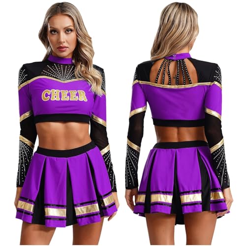 Cheerleader Kostüm Damen Für Erwachsene 2-teiliges Cheerleading-Kostüm for Damen, Cheerleader-Tanz-Outfits, langärmelig, Pailletten, bauchfreies Top mit Faltenrock, Set, Cheer-Uniform(Purple,XXL) von GSXLZ