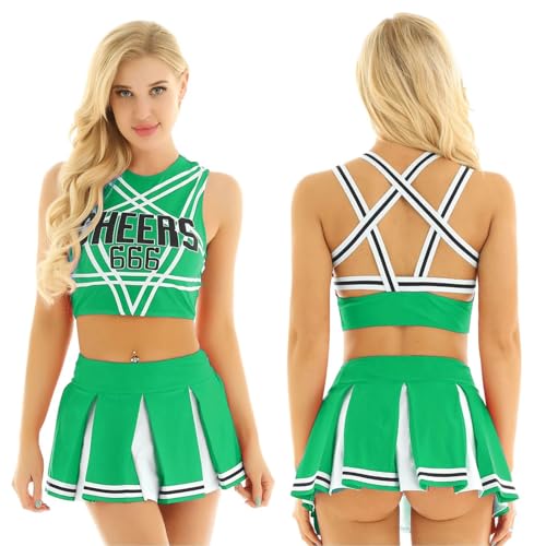 Cheerleader Kostüm Damen Für Erwachsene Cheerleader-Kostüm for Damen mit glänzendem Strass, Cheerleading-Uniform, langärmelig, ausgehöhltes bauchfreies Top und Skating-Rock, Tanz-Outfits(Green D,S) Cheerleader Kostüm Damen Für Erwachsene Cheerleader-Kostüm for Damen mit glänzendem Strass, Cheerleading-Uniform, langärmelig, ausgehöhltes bauchfreies Top und Skating-Rock, Tanz-Outfits(Green D,S) von GSXLZ