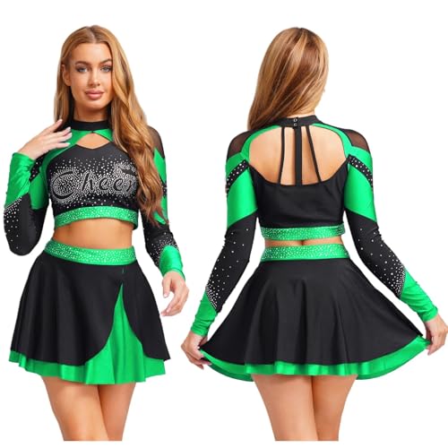Cheerleader Kostüm Damen Für Erwachsene Cheerleader-Kostüm for Damen mit glänzendem Strass, Cheerleading-Uniform, langärmelig, ausgehöhltes bauchfreies Top und Skating-Rock, Tanz-Outfits(Green A,S) Cheerleader Kostüm Damen Für Erwachsene Cheerleader-Kostüm for Damen mit glänzendem Strass, Cheerleading-Uniform, langärmelig, ausgehöhltes bauchfreies Top und Skating-Rock, Tanz-Outfits(Green A,S) von GSXLZ