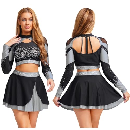 Cheerleader Kostüm Damen Für Erwachsene Cheerleader-Kostüm for Damen mit glänzendem Strass, Cheerleading-Uniform, langärmelig, ausgehöhltes bauchfreies Top und Skating-Rock, Tanz-Outfits(Grey A,L) Cheerleader Kostüm Damen Für Erwachsene Cheerleader-Kostüm for Damen mit glänzendem Strass, Cheerleading-Uniform, langärmelig, ausgehöhltes bauchfreies Top und Skating-Rock, Tanz-Outfits(Grey A,L) von GSXLZ