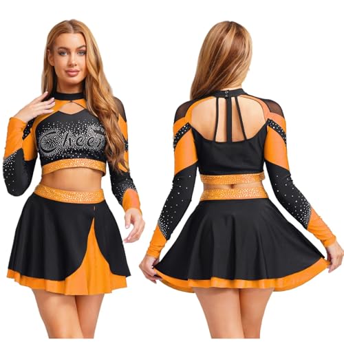 Cheerleader Kostüm Damen Für Erwachsene Cheerleader-Kostüm for Damen mit glänzendem Strass, Cheerleading-Uniform, langärmelig, ausgehöhltes bauchfreies Top und Skating-Rock, Tanz-Outfits(Orange A,M) Cheerleader Kostüm Damen Für Erwachsene Cheerleader-Kostüm for Damen mit glänzendem Strass, Cheerleading-Uniform, langärmelig, ausgehöhltes bauchfreies Top und Skating-Rock, Tanz-Outfits(Orange A,M) von GSXLZ