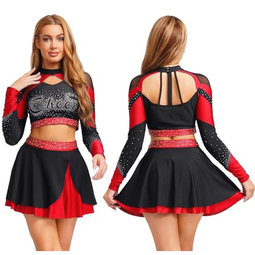 Cheerleader Kostüm Damen Für Erwachsene Cheerleader-Kostüm for Damen mit glänzendem Strass, Cheerleading-Uniform, langärmelig, ausgehöhltes bauchfreies Top und Skating-Rock, Tanz-Outfits(Red A,L) Cheerleader Kostüm Damen Für Erwachsene Cheerleader-Kostüm for Damen mit glänzendem Strass, Cheerleading-Uniform, langärmelig, ausgehöhltes bauchfreies Top und Skating-Rock, Tanz-Outfits(Red A,L) von GSXLZ