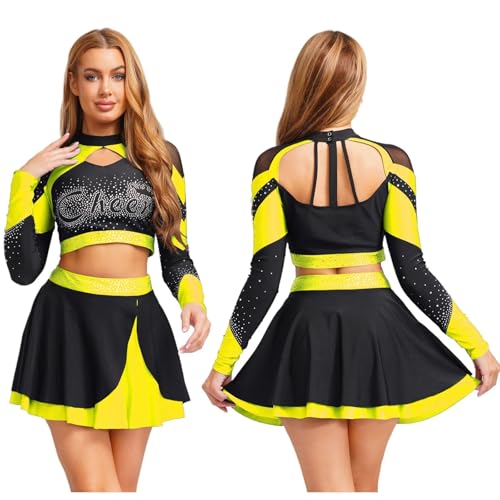 Cheerleader Kostüm Damen Für Erwachsene Cheerleader-Kostüm for Damen mit glänzendem Strass, Cheerleading-Uniform, langärmelig, ausgehöhltes bauchfreies Top und Skating-Rock, Tanz-Outfits(Yellow A,L) Cheerleader Kostüm Damen Für Erwachsene Cheerleader-Kostüm for Damen mit glänzendem Strass, Cheerleading-Uniform, langärmelig, ausgehöhltes bauchfreies Top und Skating-Rock, Tanz-Outfits(Yellow A,L) von GSXLZ