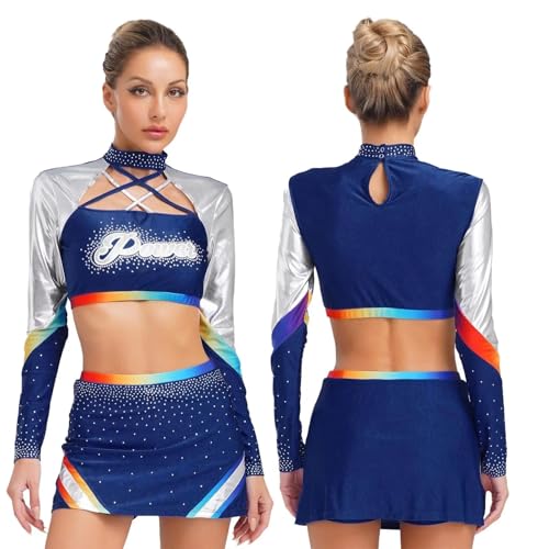 Cheerleader Kostüm Damen Für Erwachsene Cheerleader-Kostüm mit glänzendem Strass for Damen, Cheerleading-Uniform, Cosplay-Outfits for Schulmädchen, bauchfreie Tops mit Tanzrock-Set(Dark Blue,XL) von GSXLZ