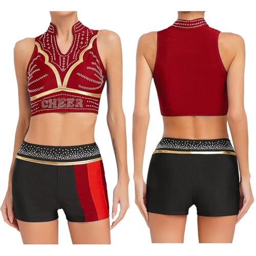 Cheerleader Kostüm Damen Für Erwachsene Cheerleader-Modern-Dance-Kostüm mit glänzendem Strass for Damen, Cheerleading-Uniform, Tanktops mit V-Ausschnitt und Tanzshorts, Cheer-Dance-Set(Deep red,L) von GSXLZ