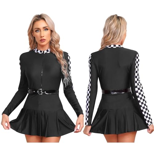 Cheerleader Kostüm Damen Für Erwachsene Damen Cheerleader-Uniform, Schachbrett-Rennfahrer-Cosplay-Kleid mit Gürtel, langärmliger Reißverschluss vorne, Faltenrock, Rennfahrer-Kleid(Black,XXL) von GSXLZ