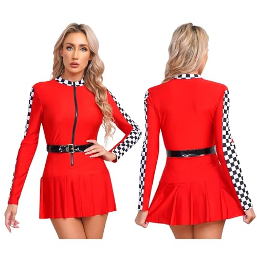 Cheerleader Kostüm Damen Für Erwachsene Damen Cheerleader-Uniform, Schachbrett-Rennfahrer-Cosplay-Kleid mit Gürtel, langärmliger Reißverschluss vorne, Faltenrock, Rennfahrer-Kleid(Red,3XL) von GSXLZ