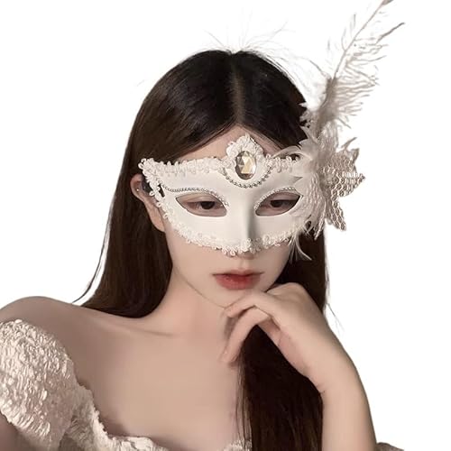 Federmaske Feder Maskerade Maske Spitze Blume Mode Halbe Gesicht Halloween Weihnachten(White) von GSXLZ