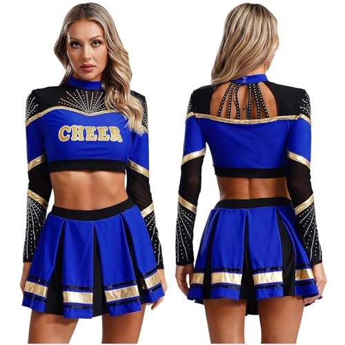 GSXLZ Cheerleader Kostüm Damen Für Erwachsene 2-teiliges Cheerleading-Kostüm for Damen, Cheerleader-Tanz-Outfits, langärmelig, Pailletten, bauchfreies Top mit Faltenrock, Set, Cheer-Uniform(Blue,L) von GSXLZ