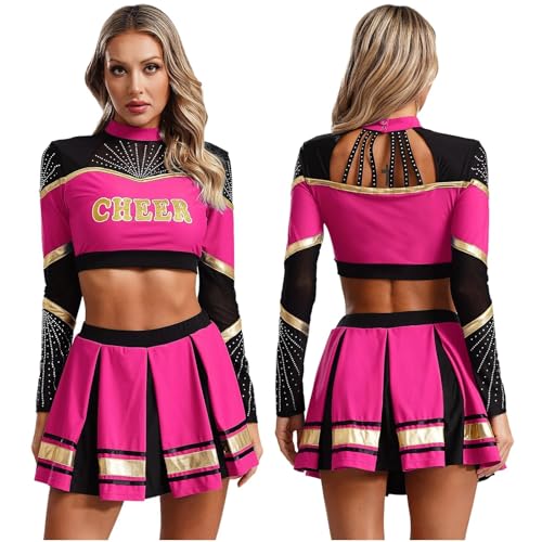 GSXLZ Cheerleader Kostüm Damen Für Erwachsene 2-teiliges Cheerleading-Kostüm for Damen, Cheerleader-Tanz-Outfits, langärmelig, Pailletten, bauchfreies Top mit Faltenrock, Set, Cheer-Uniform(Pink,XXL) von GSXLZ