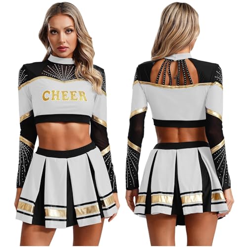 GSXLZ Cheerleader Kostüm Damen Für Erwachsene 2-teiliges Cheerleading-Kostüm for Damen, Cheerleader-Tanz-Outfits, langärmelig, Pailletten, bauchfreies Top mit Faltenrock, Set, Cheer-Uniform(White,M) von GSXLZ