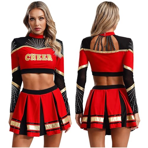 GSXLZ Cheerleader Kostüm Damen Für Erwachsene 2-teiliges Cheerleading-Kostüm for Damen, Cheerleader-Tanz-Outfits, langärmelig, Pailletten, bauchfreies Top mit Faltenrock, Set, Cheer-Uniform(Red,M) von GSXLZ