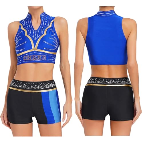 GSXLZ Cheerleader Kostüm Damen Für Erwachsene Cheerleader-Kostüm for Damen mit glänzendem Strass, zweiteilig, Cheerleading-Uniform, Tanktop mit V-Ausschnitt und Tanzshorts, Cheer-Dance-Set(Blue,M) von GSXLZ