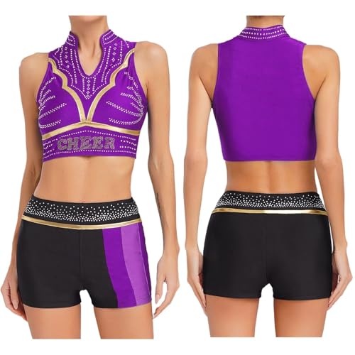 GSXLZ Cheerleader Kostüm Damen Für Erwachsene Cheerleader-Kostüm for Damen mit glänzendem Strass, zweiteilig, Cheerleading-Uniform, Tanktop mit V-Ausschnitt und Tanzshorts, Cheer-Dance-Set(Purple,XL) von GSXLZ