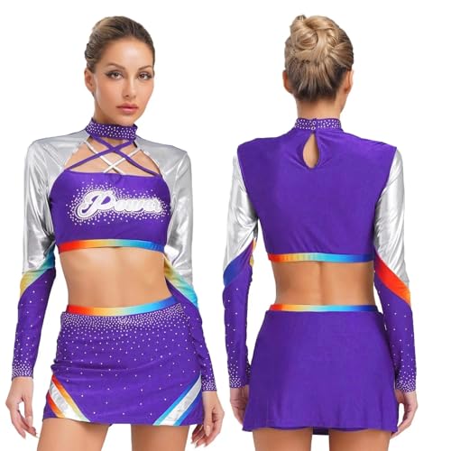 GSXLZ Cheerleader Kostüm Damen Für Erwachsene Cheerleader-Kostüm mit glänzendem Strass for Damen, Cheerleading-Uniform, Cosplay-Outfits for Schulmädchen, bauchfreie Tops mit Tanzrock-Set(Purple,S) von GSXLZ