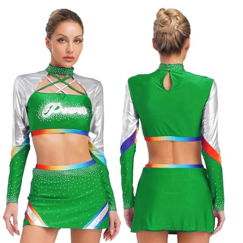 GSXLZ Cheerleader Kostüm Damen Für Erwachsene Cheerleader-Kostüm mit glänzendem Strass for Damen, Cheerleading-Uniform, Cosplay-Outfits for Schulmädchen, bauchfreie Tops mit Tanzrock-Set(Green,S) von GSXLZ
