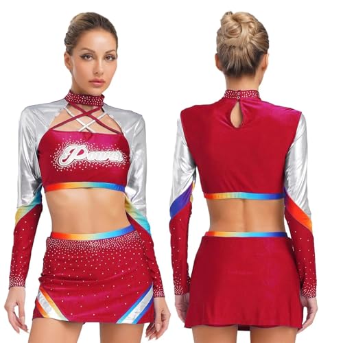 GSXLZ Cheerleader Kostüm Damen Für Erwachsene Cheerleader-Kostüm mit glänzendem Strass for Damen, Cheerleading-Uniform, Cosplay-Outfits for Schulmädchen, bauchfreie Tops mit Tanzrock-Set(Deep red,XL) von GSXLZ