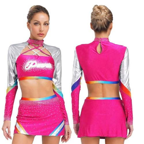 GSXLZ Cheerleader Kostüm Damen Für Erwachsene Cheerleader-Kostüm mit glänzendem Strass for Damen, Cheerleading-Uniform, Cosplay-Outfits for Schulmädchen, bauchfreie Tops mit Tanzrock-Set(Pink,M) von GSXLZ