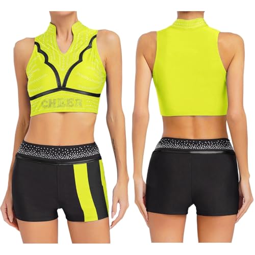 GSXLZ Cheerleader Kostüm Damen Für Erwachsene Cheerleader-Modern-Dance-Kostüm mit glänzendem Strass for Damen, Cheerleading-Uniform, Tanktops mit V-Ausschnitt und Tanzshorts, Cheer-Dance-Set(Green,M) von GSXLZ
