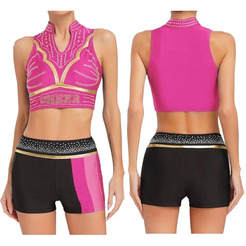 GSXLZ Cheerleader Kostüm Damen Für Erwachsene Cheerleader-Modern-Dance-Kostüm mit glänzendem Strass for Damen, Cheerleading-Uniform, Tanktops mit V-Ausschnitt und Tanzshorts, Cheer-Dance-Set(Pink,S) von GSXLZ