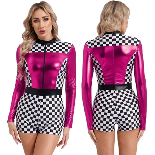 GSXLZ Cheerleader Kostüm Damen Für Erwachsene Damen Racer Romper Bodysuit Cheerleading Uniform Langarm Boyshorts Schachbrettmuster Fahrer Jumpsuit(Pink,XXL) von GSXLZ
