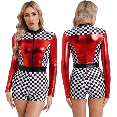 GSXLZ Cheerleader Kostüm Damen Für Erwachsene Damen Racer Romper Bodysuit Cheerleading Uniform Langarm Boyshorts Schachbrettmuster Fahrer Jumpsuit(Red,3XL) von GSXLZ