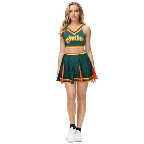 GSXLZ Cheerleader Kostüm Damen Für Erwachsene Dunkelgrüne Cheerleader-Uniform mit Kleeblatt-Aufdruck, Cheerleading-Outfits, Kostümballkleid, Tanktop, Minirock for Mädchen(XL) von GSXLZ