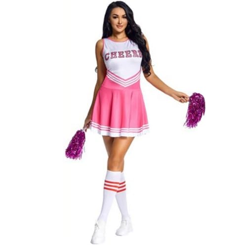 GSXLZ Cheerleader Kostüm Damen Für Erwachsene Frauen Cheerleading Kostüm Bühnenauftritt Schule Party Uniform Kleid(Pink,M) von GSXLZ