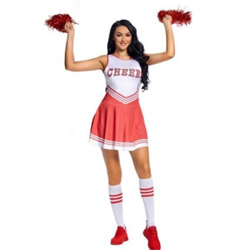 GSXLZ Cheerleader Kostüm Damen Für Erwachsene Frauen Cheerleading Kostüm Bühnenauftritt Schule Party Uniform Kleid(Red,M) von GSXLZ