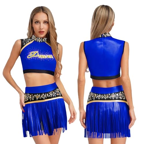 GSXLZ Cheerleader Kostüm Damen Für Erwachsene Frauen Glänzende Strass Cheerleader Kostüm Karneval Cheerleading Uniform Sport Team Kleidung Tank Top Und Quasten Shorts Set(Blue,M) von GSXLZ