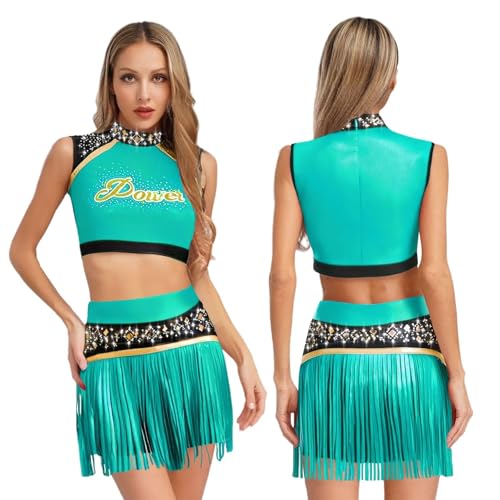 GSXLZ Cheerleader Kostüm Damen Für Erwachsene Frauen Glänzende Strass Cheerleader Kostüm Karneval Cheerleading Uniform Sport Team Kleidung Tank Top Und Quasten Shorts Set(Green,XXL) von GSXLZ