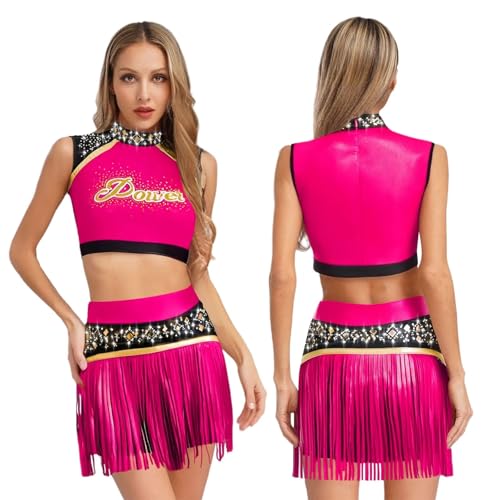 GSXLZ Cheerleader Kostüm Damen Für Erwachsene Frauen Glänzende Strass Cheerleader Kostüm Karneval Cheerleading Uniform Sport Team Kleidung Tank Top Und Quasten Shorts Set(Pink,XXL) von GSXLZ