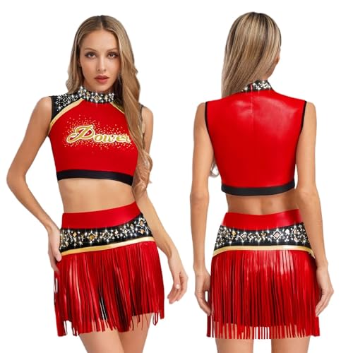 GSXLZ Cheerleader Kostüm Damen Für Erwachsene Frauen Glänzende Strass Cheerleader Kostüm Karneval Cheerleading Uniform Sport Team Kleidung Tank Top Und Quasten Shorts Set(Red,L) von GSXLZ