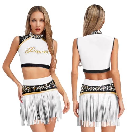 GSXLZ Cheerleader Kostüm Damen Für Erwachsene Frauen Glänzende Strass Cheerleader Kostüm Karneval Cheerleading Uniform Sport Team Kleidung Tank Top Und Quasten Shorts Set(Silver,XL) von GSXLZ