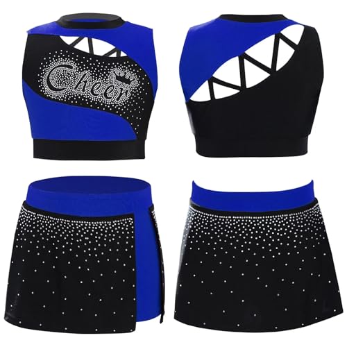 GSXLZ Cheerleader Kostüm Damen Für Erwachsene Kinder Mädchen Cheerleader Kostüm Sporttreffen Cheerleading Uniform Tanz Outfit Cutout Strass Crop Top mit Seitenschlitz Rock(Blue,16) von GSXLZ
