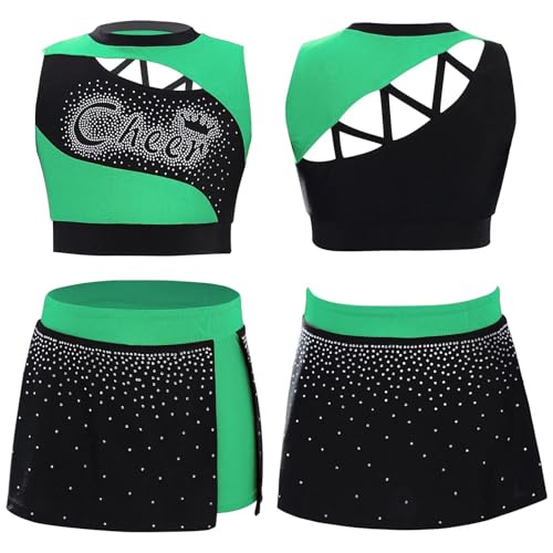 GSXLZ Cheerleader Kostüm Damen Für Erwachsene Kinder Mädchen Cheerleader Kostüm Sporttreffen Cheerleading Uniform Tanz Outfit Cutout Strass Crop Top mit Seitenschlitz Rock(Green,8) von GSXLZ