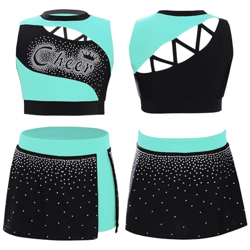 GSXLZ Cheerleader Kostüm Damen Für Erwachsene Kinder Mädchen Cheerleader Kostüm Sporttreffen Cheerleading Uniform Tanz Outfit Cutout Strass Crop Top mit Seitenschlitz Rock(Light blue,14) von GSXLZ