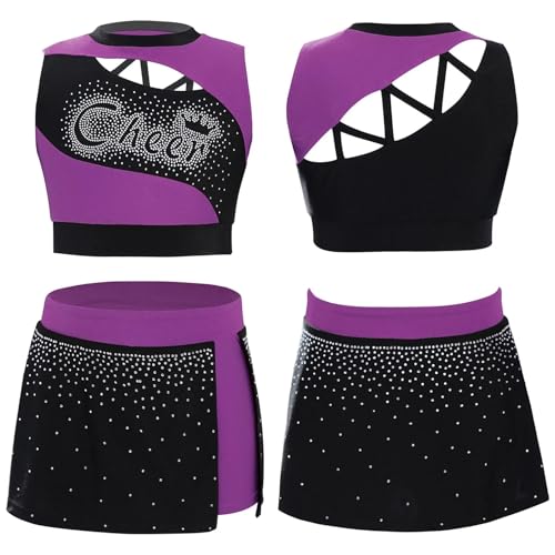 GSXLZ Cheerleader Kostüm Damen Für Erwachsene Kinder Mädchen Cheerleader Kostüm Sporttreffen Cheerleading Uniform Tanz Outfit Cutout Strass Crop Top mit Seitenschlitz Rock(Purple,12) von GSXLZ