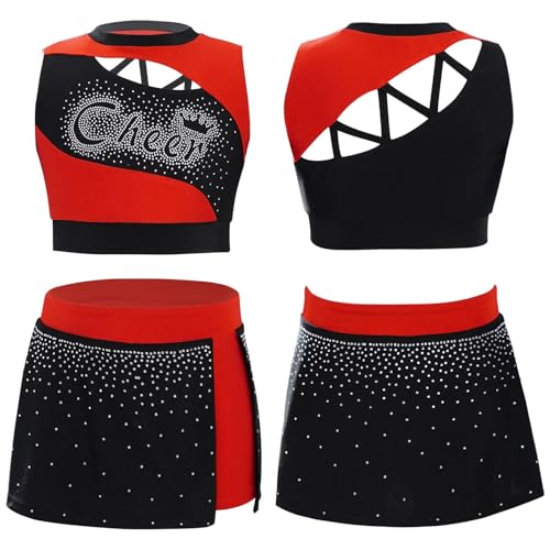 GSXLZ Cheerleader Kostüm Damen Für Erwachsene Kinder Mädchen Cheerleader Kostüm Sporttreffen Cheerleading Uniform Tanz Outfit Cutout Strass Crop Top mit Seitenschlitz Rock(Red,6) von GSXLZ