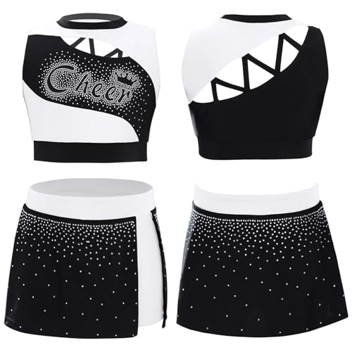 GSXLZ Cheerleader Kostüm Damen Für Erwachsene Kinder Mädchen Cheerleader Kostüm Sporttreffen Cheerleading Uniform Tanz Outfit Cutout Strass Crop Top mit Seitenschlitz Rock(White,6) von GSXLZ