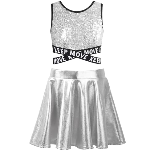 GSXLZ Cheerleader Kostüm Damen Für Erwachsene Kinder Mädchen Cosplay Cheerleader Kostüm Cheer Dance Outfit Pailletten Cheerleading Uniform Crop Top Rock for Dancewear Kleidung(Silver,14) von GSXLZ