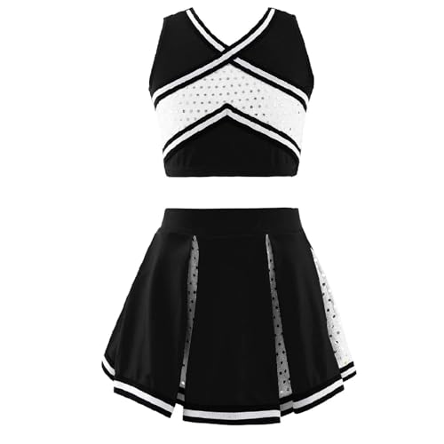 GSXLZ Cheerleader Kostüm Damen Für Erwachsene Mädchen Cheerleader Dance Set Uniform Ärmelloses Top Vorne V-Ausschnitt Mit Elastischem Bund Rock Cheerleading(Black,10) von GSXLZ