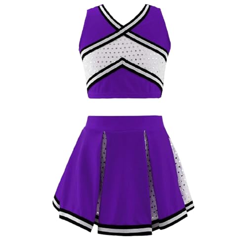 GSXLZ Cheerleader Kostüm Damen Für Erwachsene Mädchen Cheerleader Dance Set Uniform Ärmelloses Top Vorne V-Ausschnitt Mit Elastischem Bund Rock Cheerleading(Purple,6) von GSXLZ