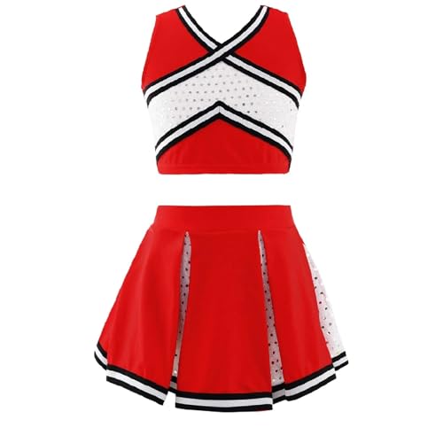 GSXLZ Cheerleader Kostüm Damen Für Erwachsene Mädchen Cheerleader Dance Set Uniform Ärmelloses Top Vorne V-Ausschnitt Mit Elastischem Bund Rock Cheerleading(Red,12) von GSXLZ