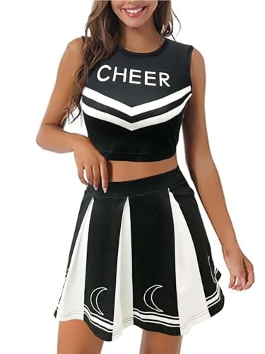 GSXLZ Cheerleader Kostüm Damen Für Erwachsene Mädchen Cheerleading Uniform Tanzkostüm Bedruckte Weste mit Faltenrock(Black,XL) von GSXLZ