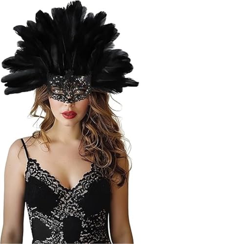 GSXLZ Federmaske Gefiederter Kopfschmuck mit Maske, Maskenkostüm-Zubehör for Weihnachtsfeier-Requisiten und Bühnenkostüm(Black) von GSXLZ