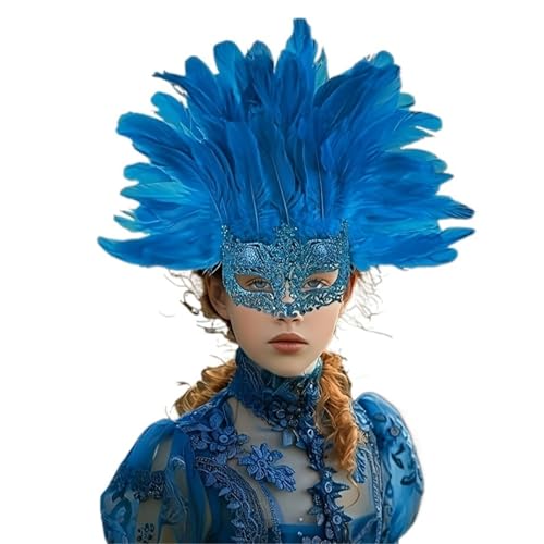 GSXLZ Federmaske Gefiederter Kopfschmuck mit Maske, Maskenkostüm-Zubehör for Weihnachtsfeier-Requisiten und Bühnenkostüm(Blue) von GSXLZ