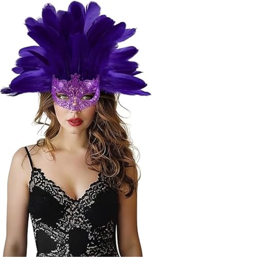 GSXLZ Federmaske Gefiederter Kopfschmuck mit Maske, Maskenkostüm-Zubehör for Weihnachtsfeier-Requisiten und Bühnenkostüm(Purple) von GSXLZ