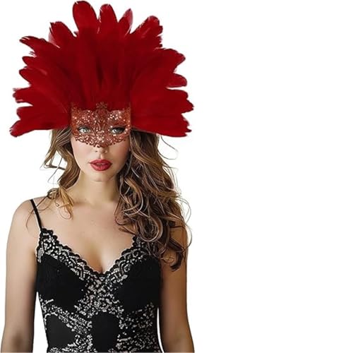 GSXLZ Federmaske Gefiederter Kopfschmuck mit Maske, Maskenkostüm-Zubehör for Weihnachtsfeier-Requisiten und Bühnenkostüm(Red) von GSXLZ