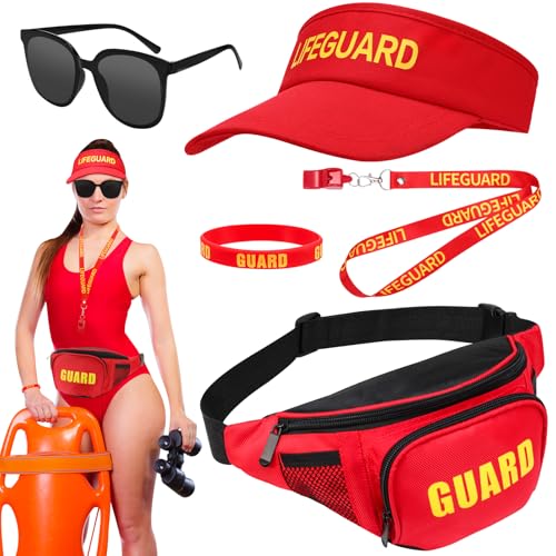 5-teiliges Rettungsschwimmer-Kostüm-Zubehör-Set mit Rettungsschwächer, Hut, Pfeife, Sonnenbrille, Armband, Rettungsschwimmer für Erwachsene, Damen, Herren, Strand, schlechte Halloween, Cosplay, Party von GSrenyu